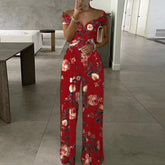 Schulterfreier Jumpsuit mit Büro-Print und kontrollierter Taille